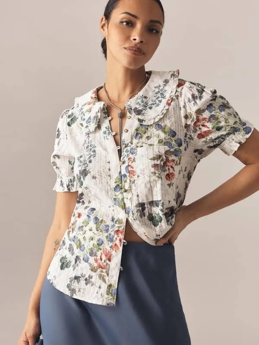 NWT Anthropologie Pilcro Keira Blouse Ivory Berry Floral Size M